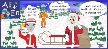 Der Comic die Weihnachtsalien, Weihnachtskarte Weihnachten 2014 als Grußkarte, für Comercial Comics und Illustration.